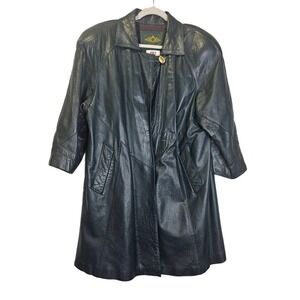 Vintage 80s Avanti L Dark Forest Green Leather Coat Gold Button Avant Garde